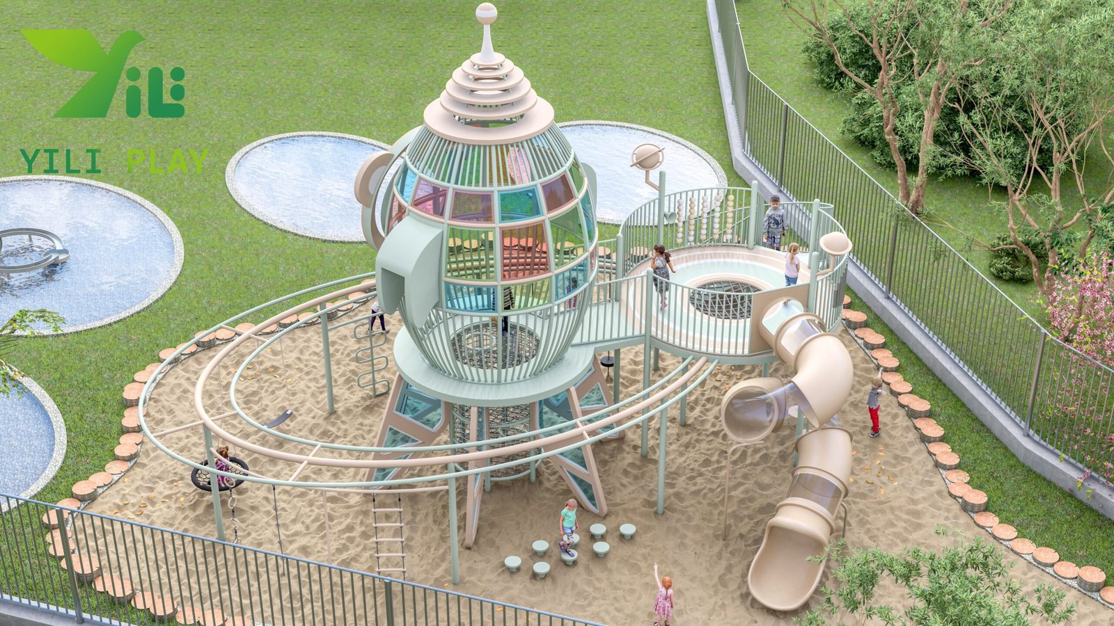custom rocket outdoor playground equipment with galvanized steel tube structure and EN1176 certification