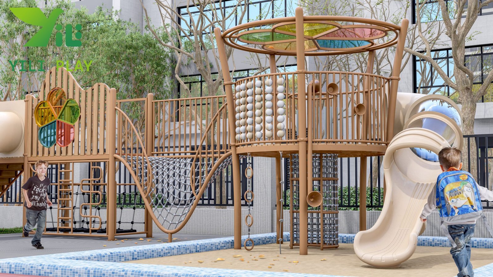 plastic wood and galvanized steel outdoor playground equipment with slides and climbing nets EN1176 certified