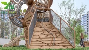 plastic wood birdcage outdoor playground equipment with climbing nets tunnels and slides EN1176 certified