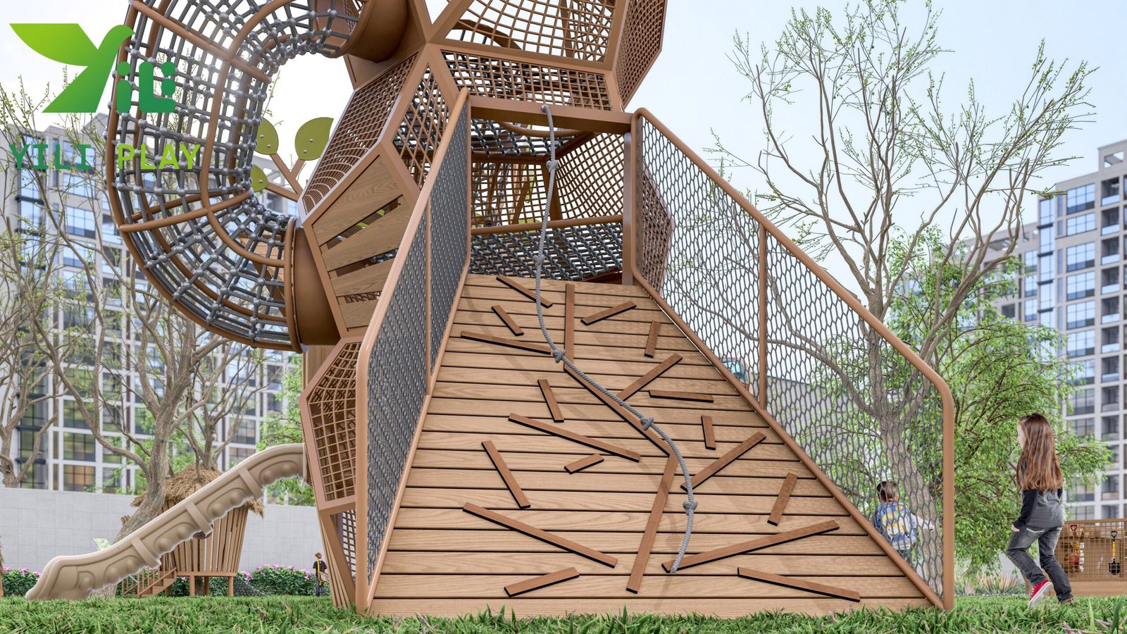 plastic wood birdcage outdoor playground equipment with climbing nets tunnels and slides EN1176 certified