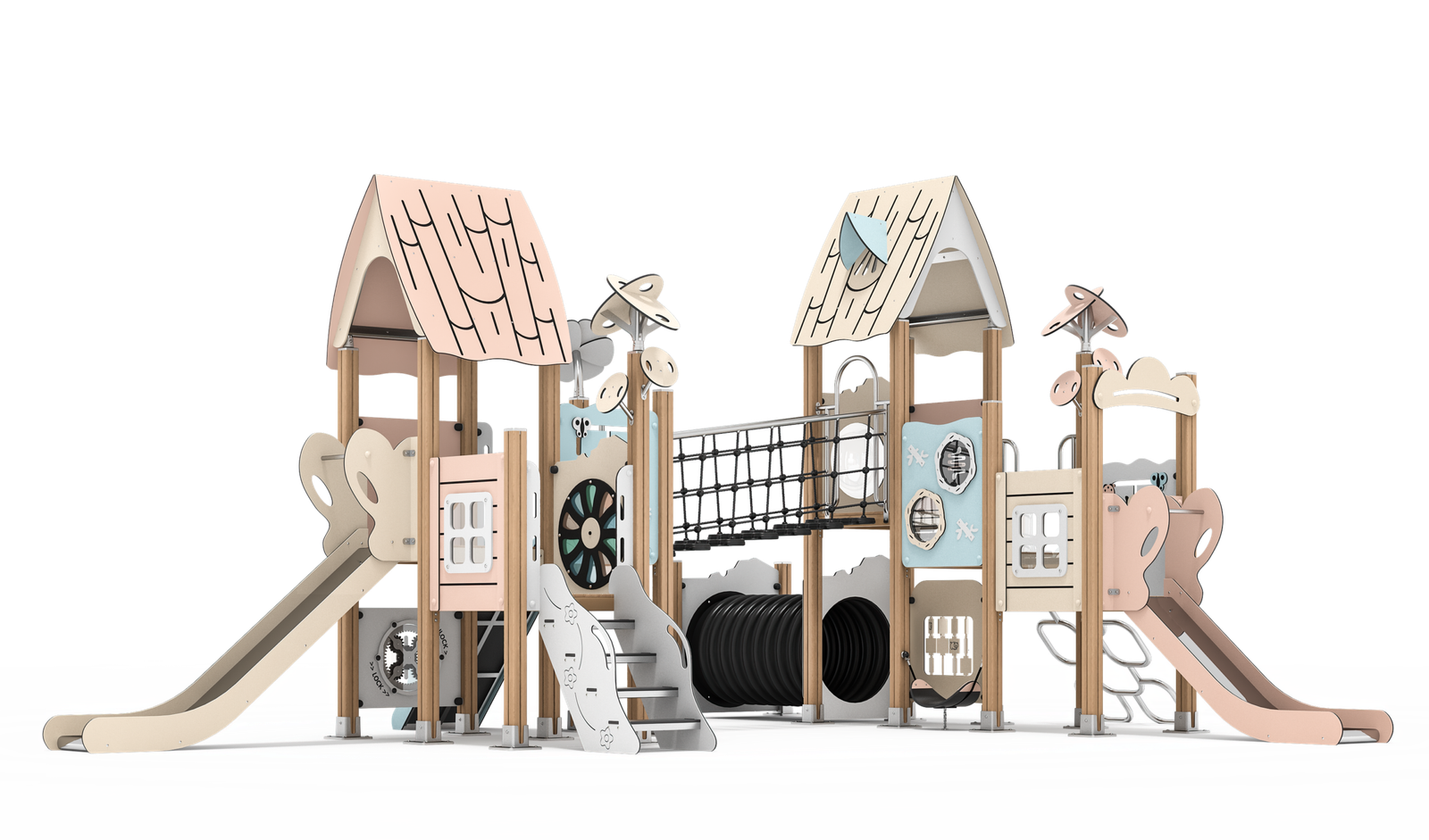 HPL and PE board playground with slides and climbing tunnel EN1176 certified