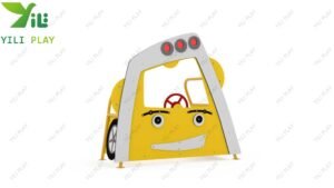 Outdoor role-play town playground with PE board gas stations, shops, traffic lights, and themed playhouses for children