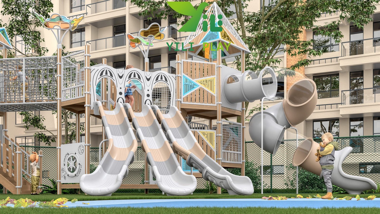 plastic wood and HPL outdoor playground equipment with slides tunnels and climbing frames EN1176 certified