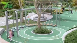 plastic wood outdoor playground equipment with slides climbing nets and towers EN1176 certified