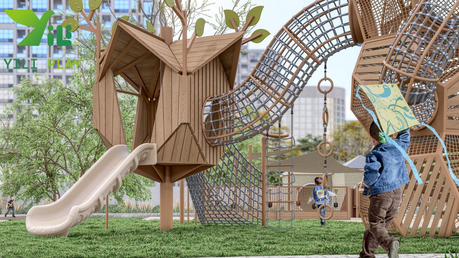 plastic wood birdcage outdoor playground equipment with climbing nets tunnels and slides EN1176 certified