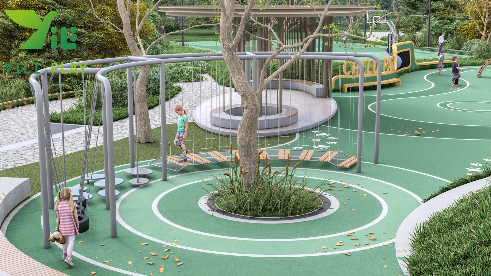 plastic wood outdoor playground equipment with slides climbing nets and towers EN1176 certified