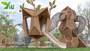 plastic wood birdcage outdoor playground equipment with climbing nets tunnels and slides EN1176 certified