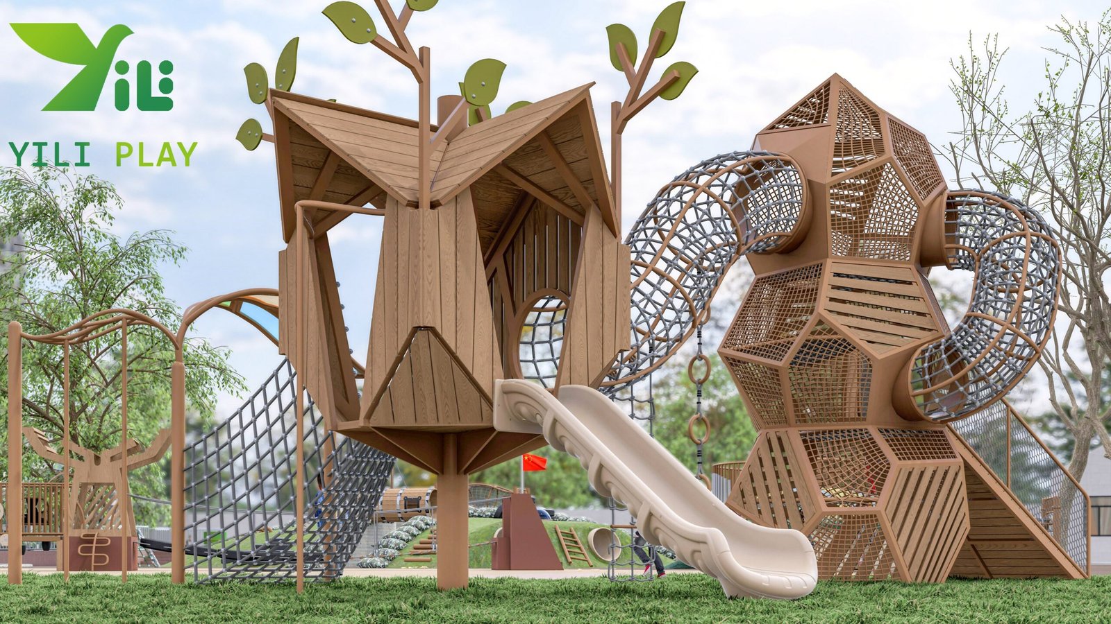 plastic wood birdcage outdoor playground equipment with climbing nets tunnels and slides EN1176 certified