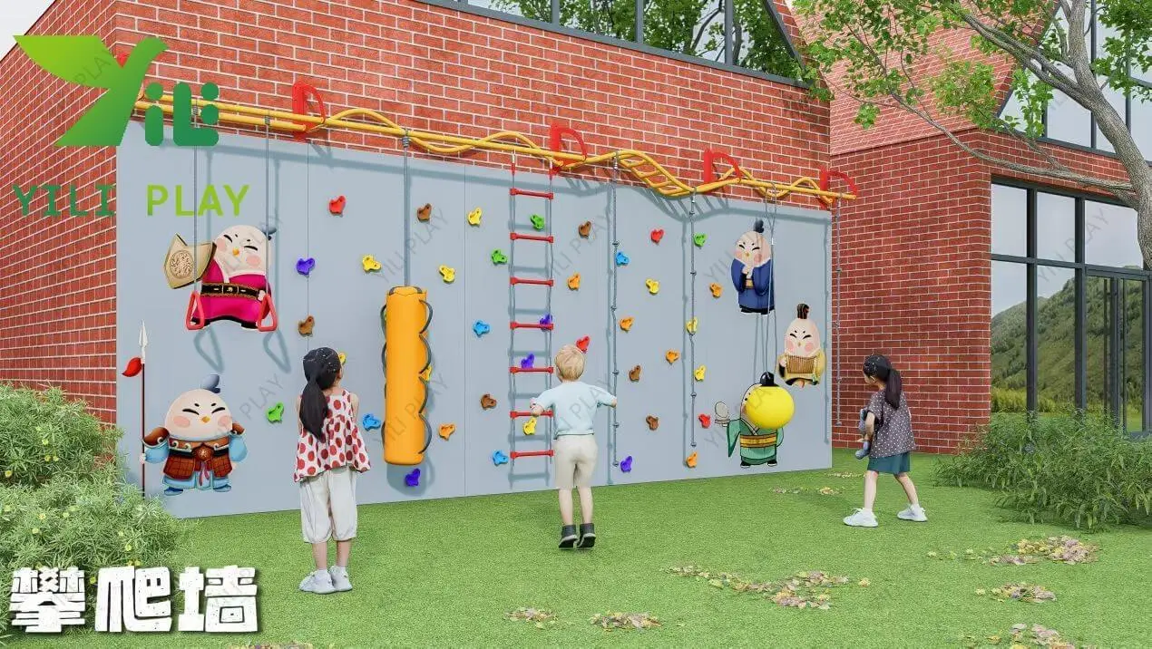 Climbing wall for kids with colorful holds, rope ladders, and cartoon decorations in an outdoor playground