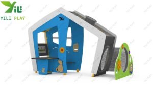 Outdoor role-play town playground with PE board gas stations, shops, traffic lights, and themed playhouses for children