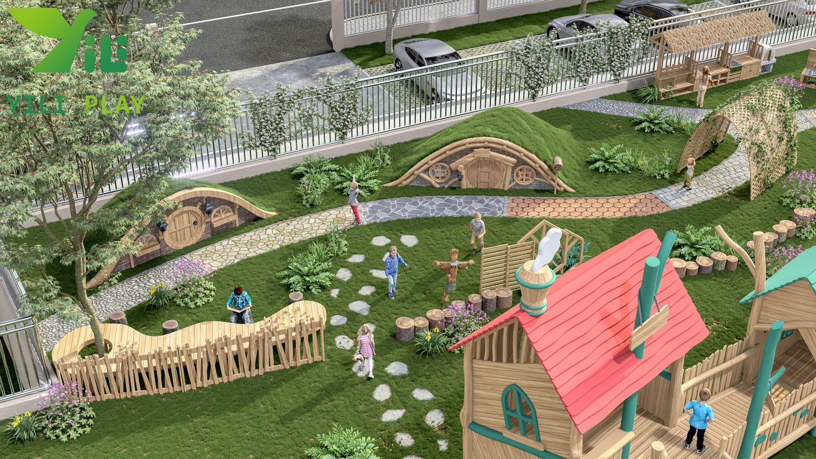 robinia outdoor playground equipment with natural wooden playhouses and EN1176 certification