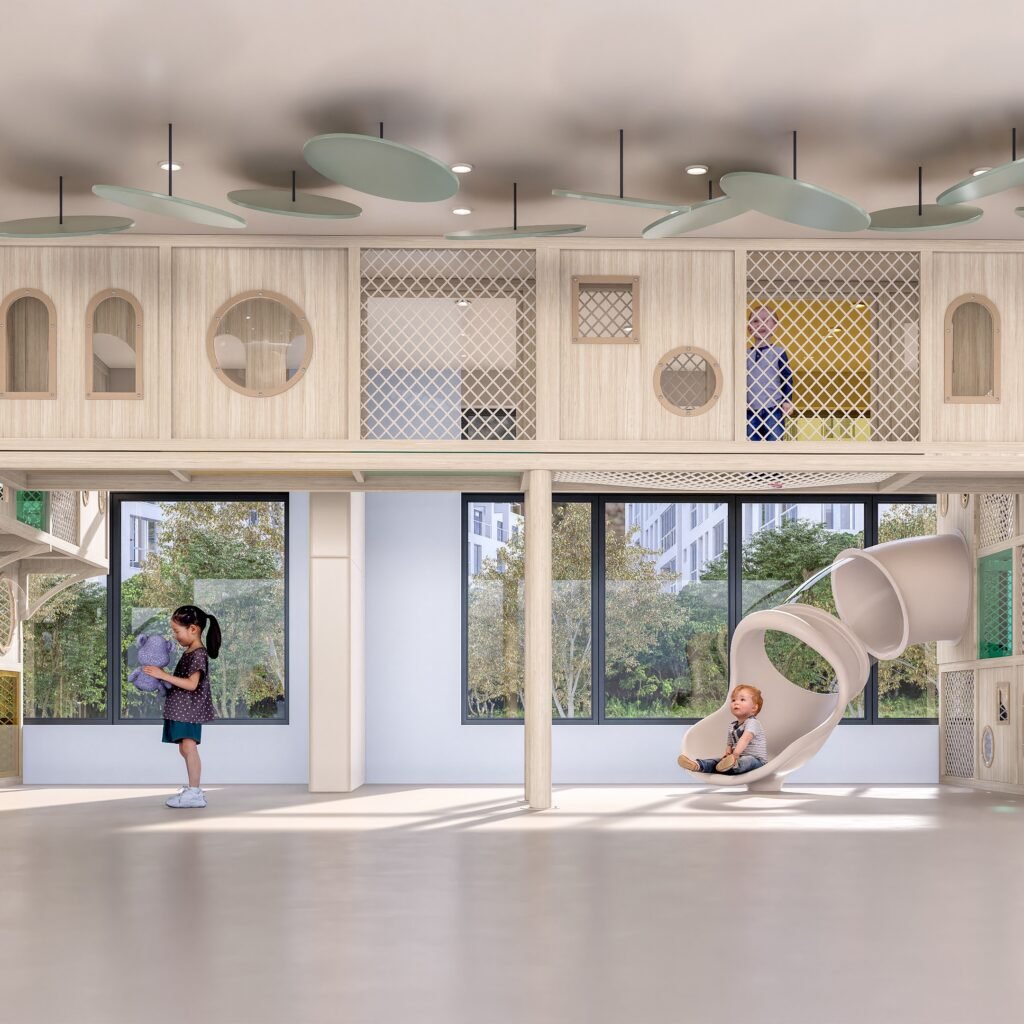 indoor wooden playground equipment with slides climbing structures and activity panels for children