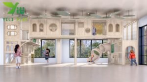 indoor wooden playground equipment with slides climbing structures and activity panels for children