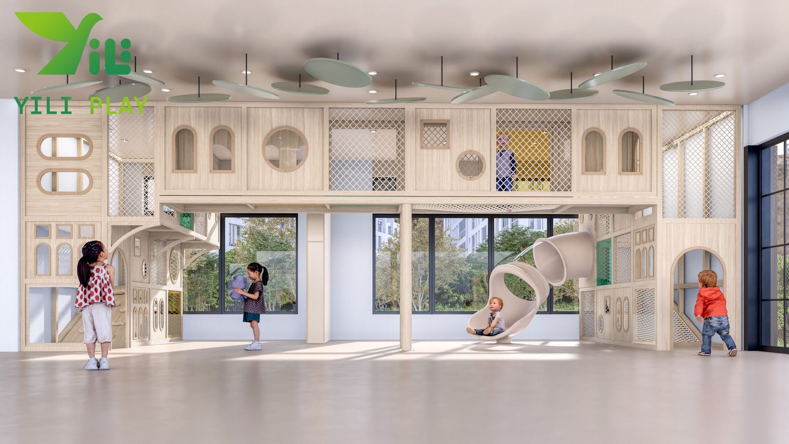 indoor wooden playground equipment with slides climbing structures and activity panels for children