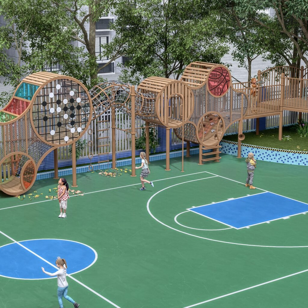 plastic wood outdoor playground equipment with tunnels slides and climbing nets EN1176 certified