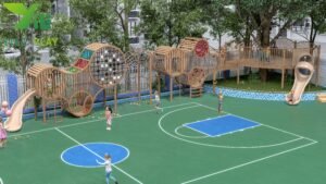 plastic wood outdoor playground equipment with tunnels slides and climbing nets EN1176 certified