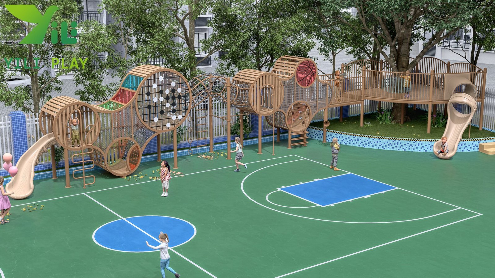 plastic wood outdoor playground equipment with tunnels slides and climbing nets EN1176 certified