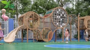 plastic wood outdoor playground equipment with tunnels slides and climbing nets EN1176 certified