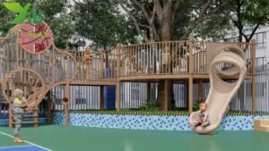 plastic wood outdoor playground equipment with tunnels slides and climbing nets EN1176 certified