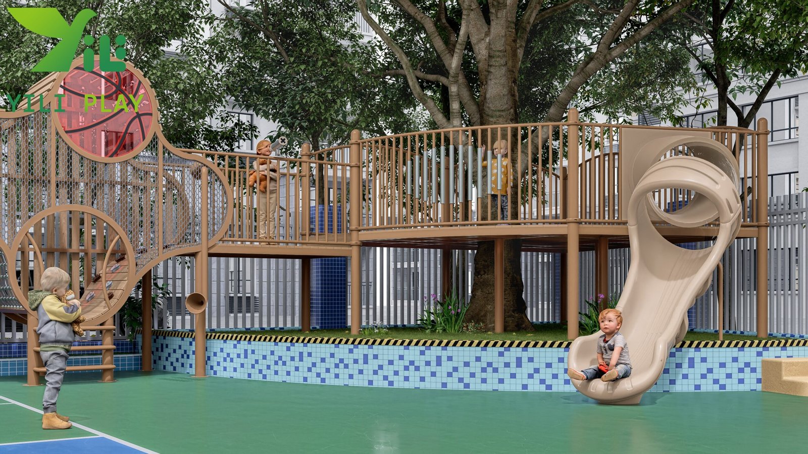 plastic wood outdoor playground equipment with tunnels slides and climbing nets EN1176 certified