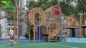 plastic wood outdoor playground equipment with tunnels slides and climbing nets EN1176 certified