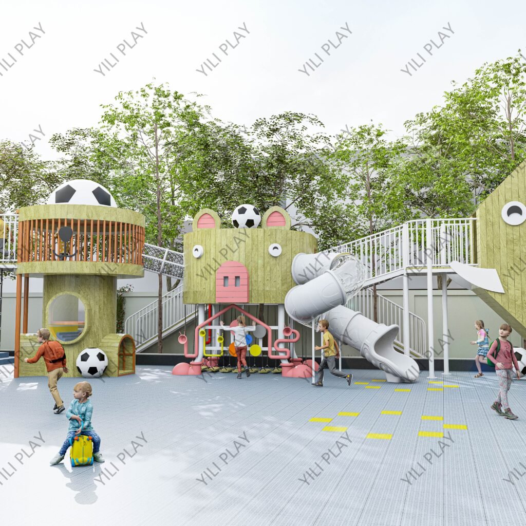 animal themed outdoor playground equipment made of Finnish wood with elephant, pig, and lion designs