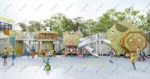 animal themed outdoor playground equipment made of Finnish wood with elephant, pig, and lion designs