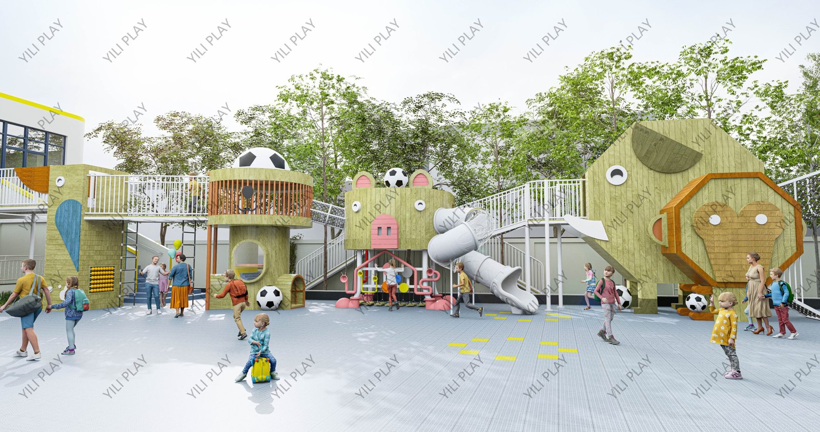 animal themed outdoor playground equipment made of Finnish wood with elephant, pig, and lion designs