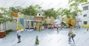 animal themed outdoor playground equipment made of Finnish wood with elephant, pig, and lion designs