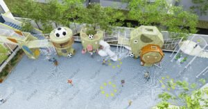 animal themed outdoor playground equipment made of Finnish wood with elephant, pig, and lion designs