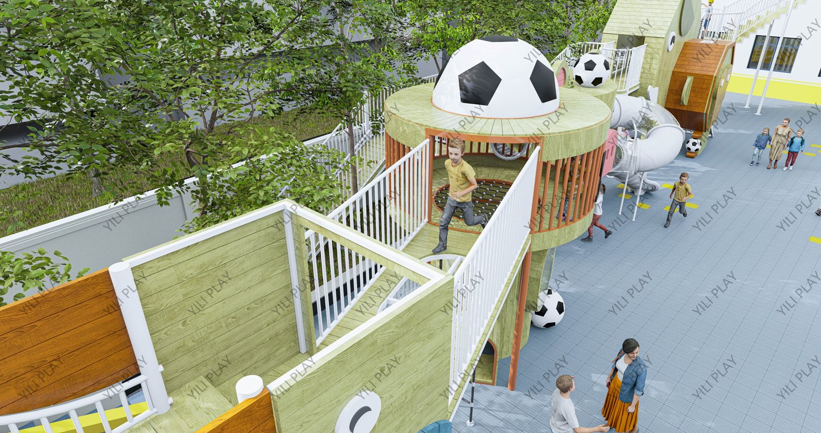 animal themed outdoor playground equipment made of Finnish wood with elephant, pig, and lion designs