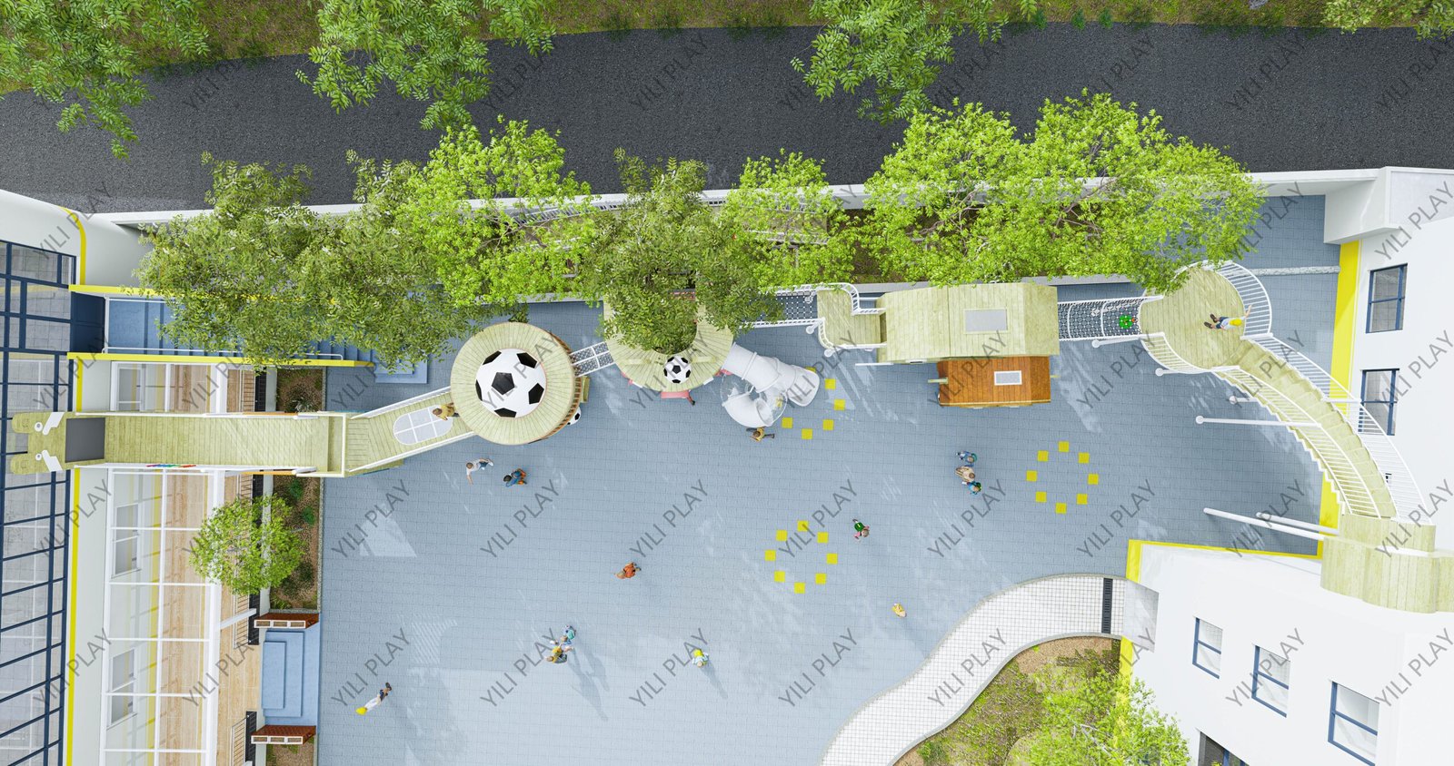 animal themed outdoor playground equipment made of Finnish wood with elephant, pig, and lion designs