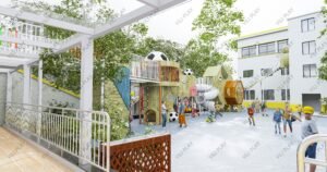 animal themed outdoor playground equipment made of Finnish wood with elephant, pig, and lion designs