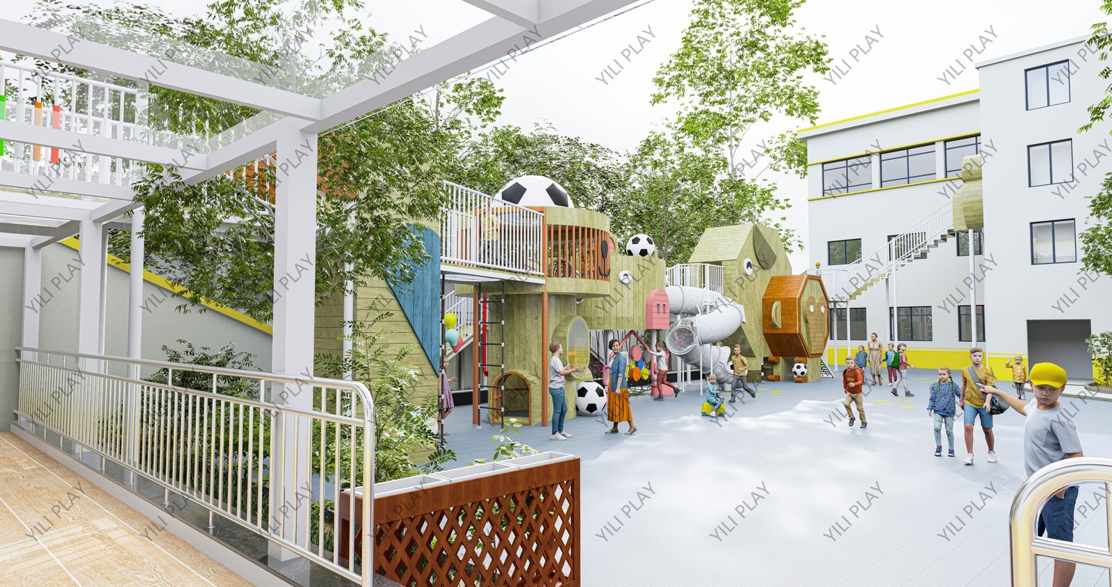 animal themed outdoor playground equipment made of Finnish wood with elephant, pig, and lion designs