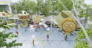 animal themed outdoor playground equipment made of Finnish wood with elephant, pig, and lion designs