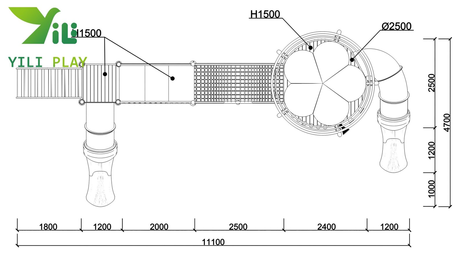 plastic wood and galvanized steel outdoor playground equipment with slides and climbing nets EN1176 certified