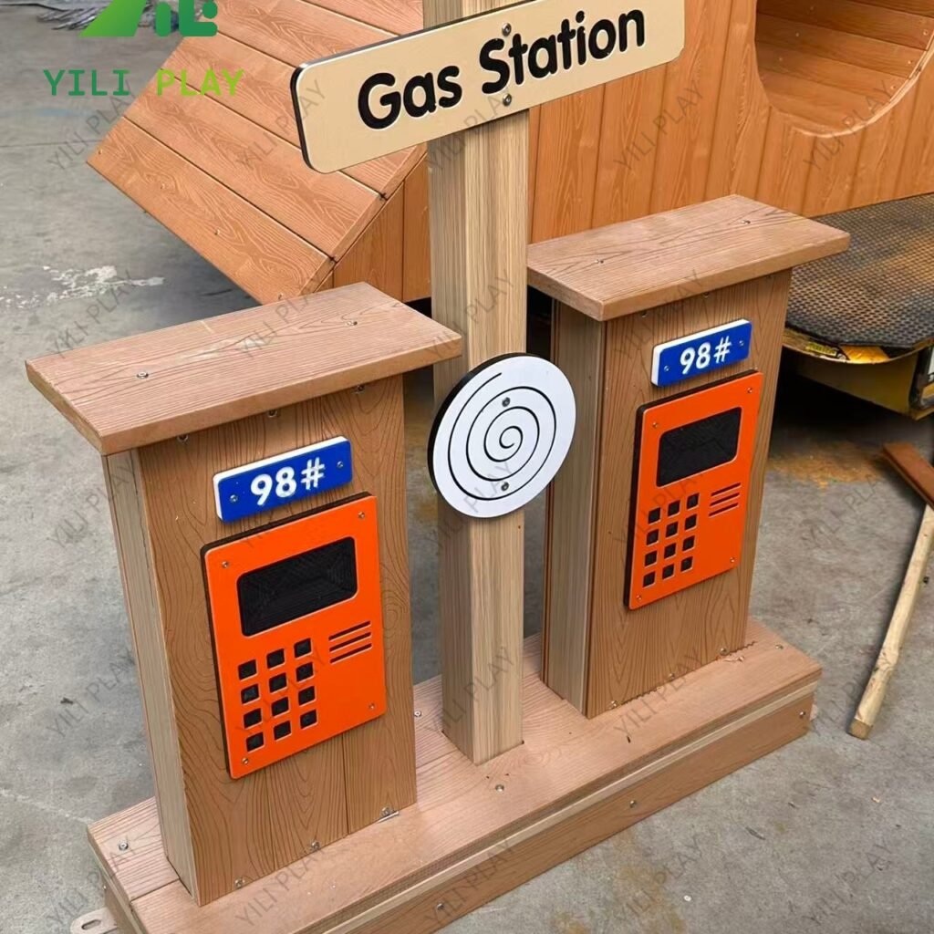 Children outdoor gas station playset with WPC and PE board, featuring dual pumps for pretend play in playgrounds and kindergartens.