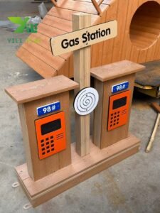 Children outdoor gas station playset with WPC and PE board, featuring dual pumps for pretend play in playgrounds and kindergartens.