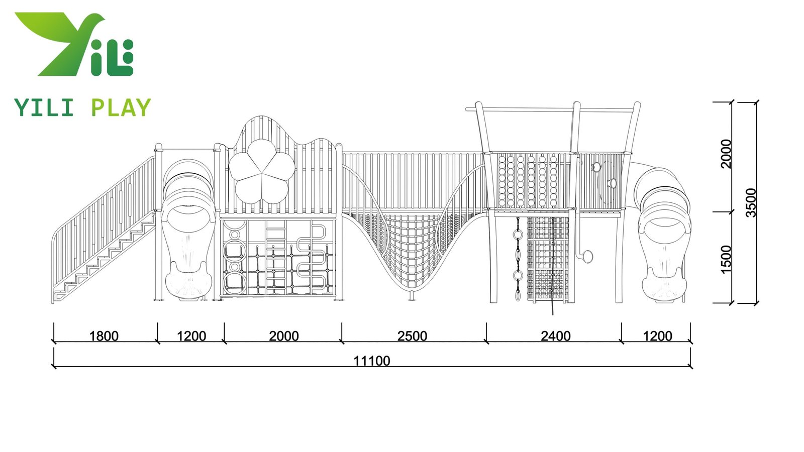 plastic wood and galvanized steel outdoor playground equipment with slides and climbing nets EN1176 certified