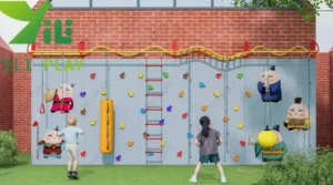 Climbing wall for kids with colorful holds, rope ladders, and cartoon decorations in an outdoor playground