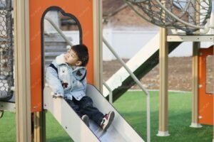 HPL outdoor playground set with aluminum posts, slides, and rope bridges EN1176 certified