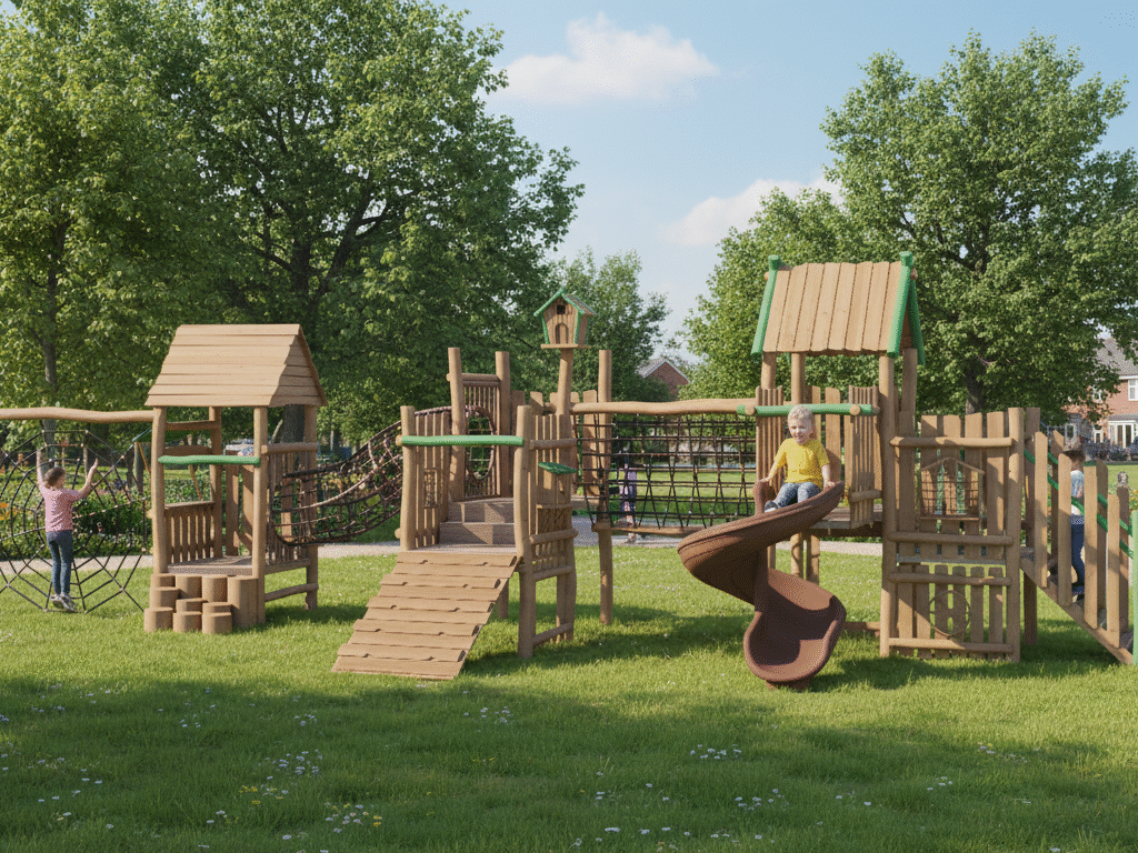 wooden outdoor playground with slides climbing nets and rope bridges EN1176 certified