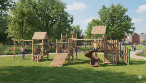 wooden outdoor playground with slides climbing nets and rope bridges EN1176 certified