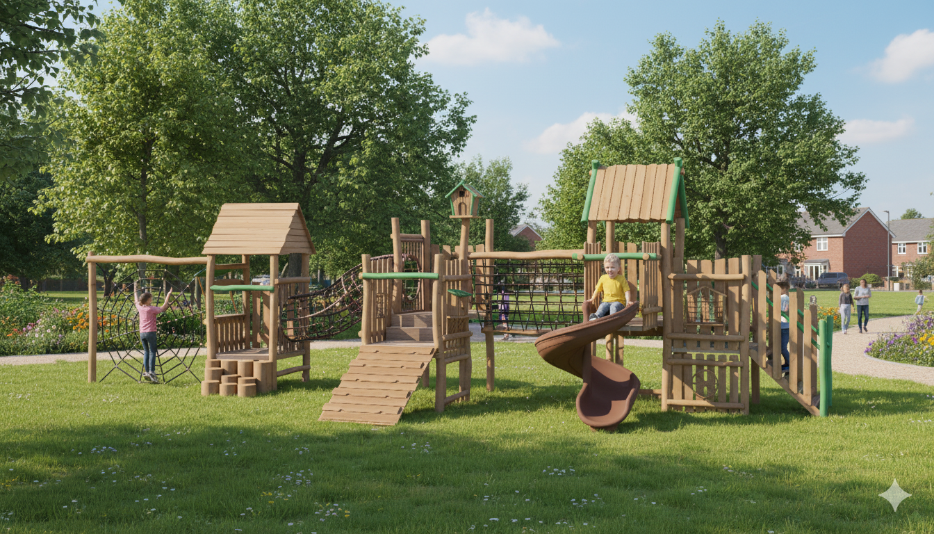 wooden outdoor playground with slides climbing nets and rope bridges EN1176 certified