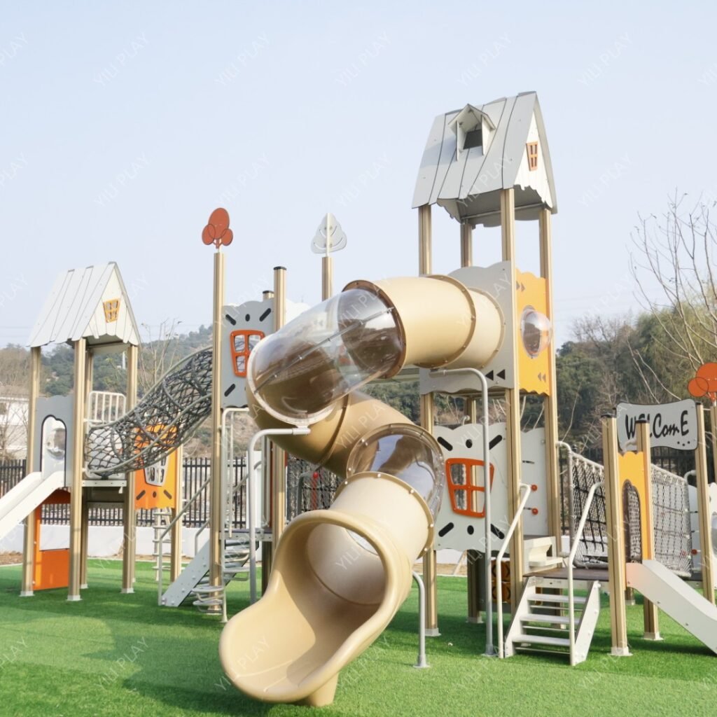 HPL outdoor playground set with aluminum posts, slides, and rope bridges EN1176 certified