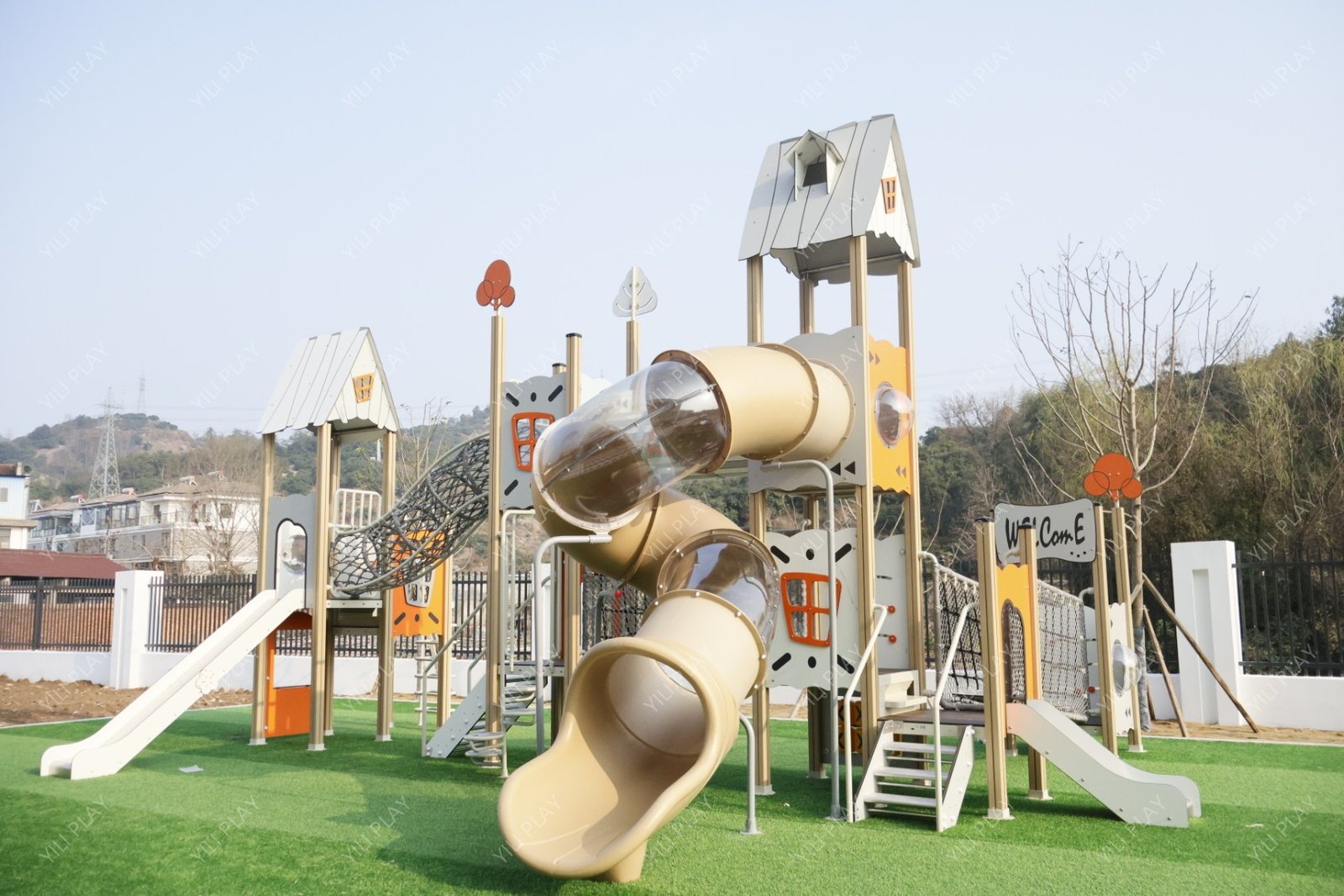 HPL outdoor playground set with aluminum posts, slides, and rope bridges EN1176 certified