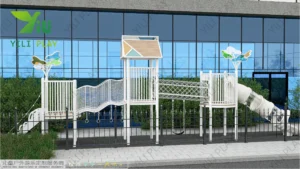 White minimalist outdoor playground with rope bridges, climbing nets, and transparent tube slide in modern simple design