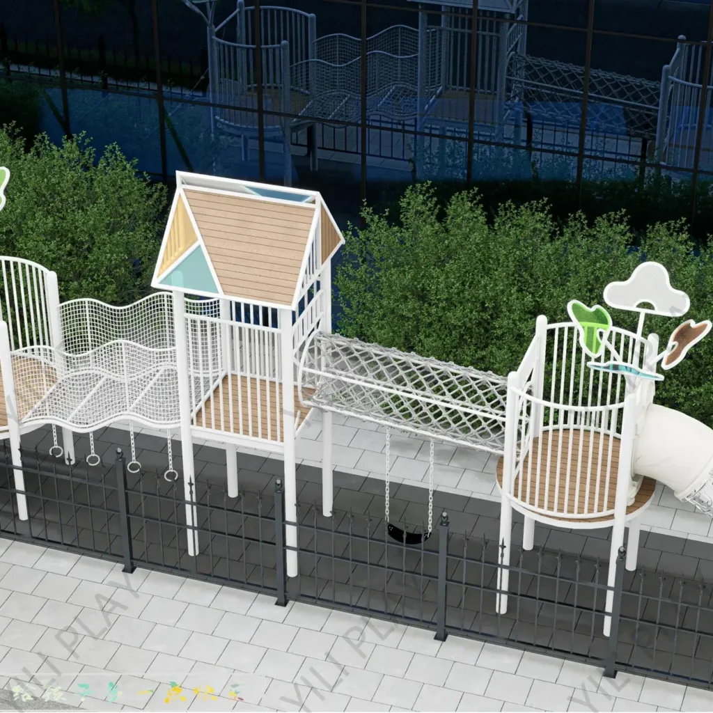 White minimalist outdoor playground with rope bridges, climbing nets, and transparent tube slide in modern simple design