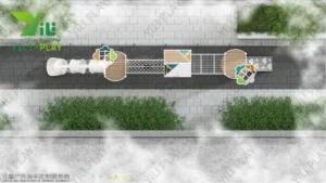 White minimalist outdoor playground with rope bridges, climbing nets, and transparent tube slide in modern simple design