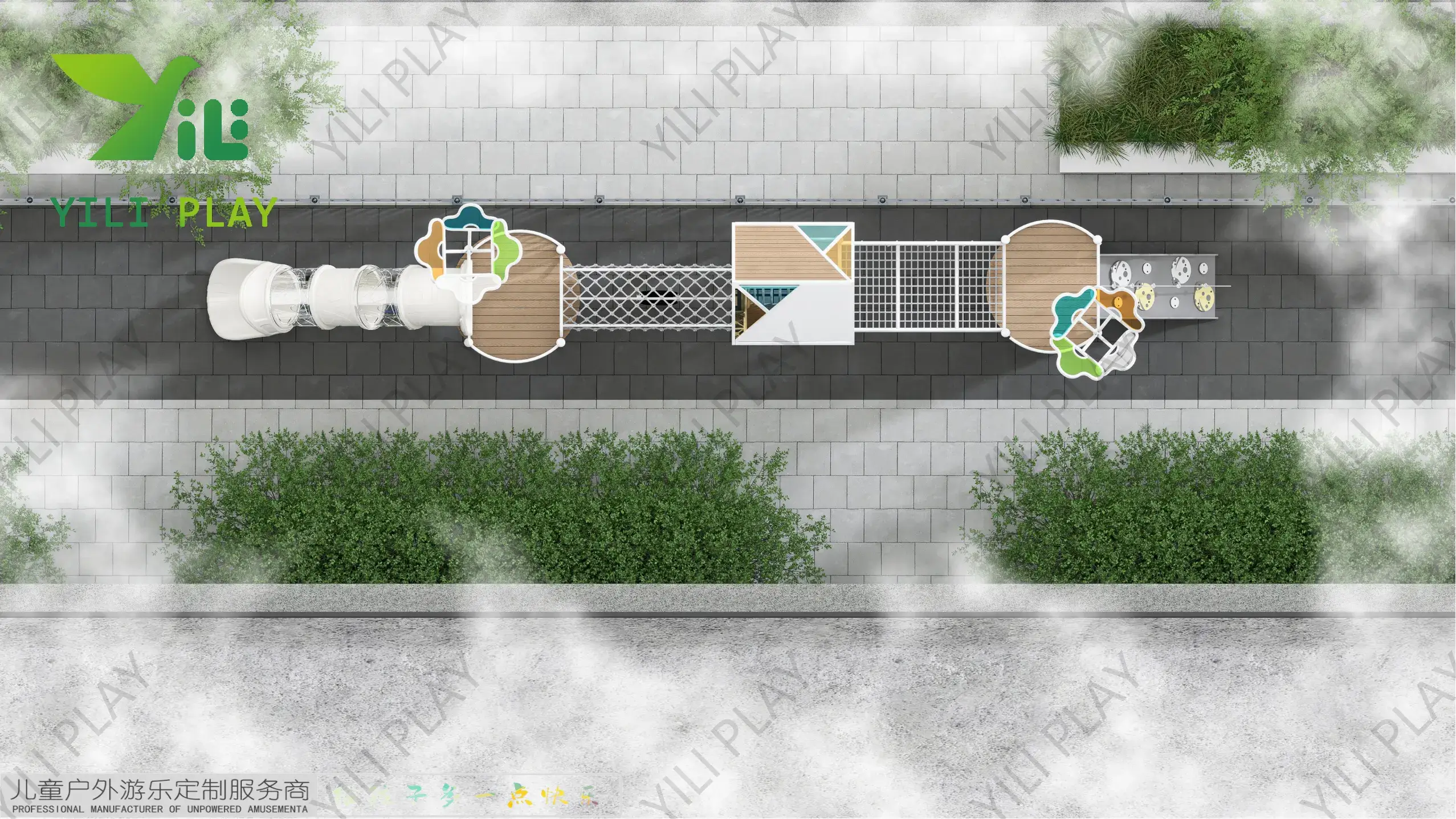 White minimalist outdoor playground with rope bridges, climbing nets, and transparent tube slide in modern simple design